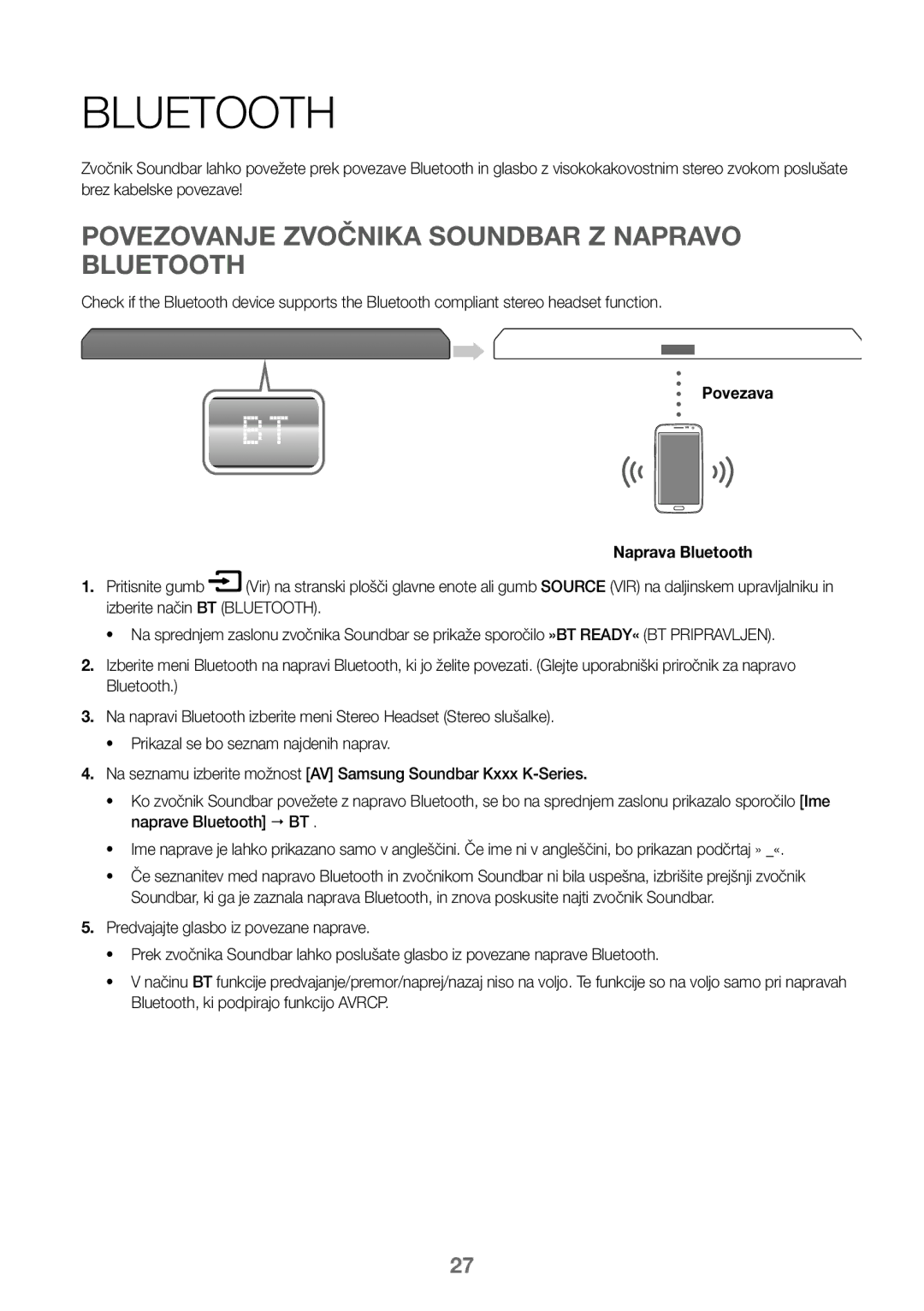 Samsung HW-K450/ZF, HW-K450/EN, HW-J450/EN Povezovanje Zvočnika Soundbar Z Napravo Bluetooth, Povezava Naprava Bluetooth 