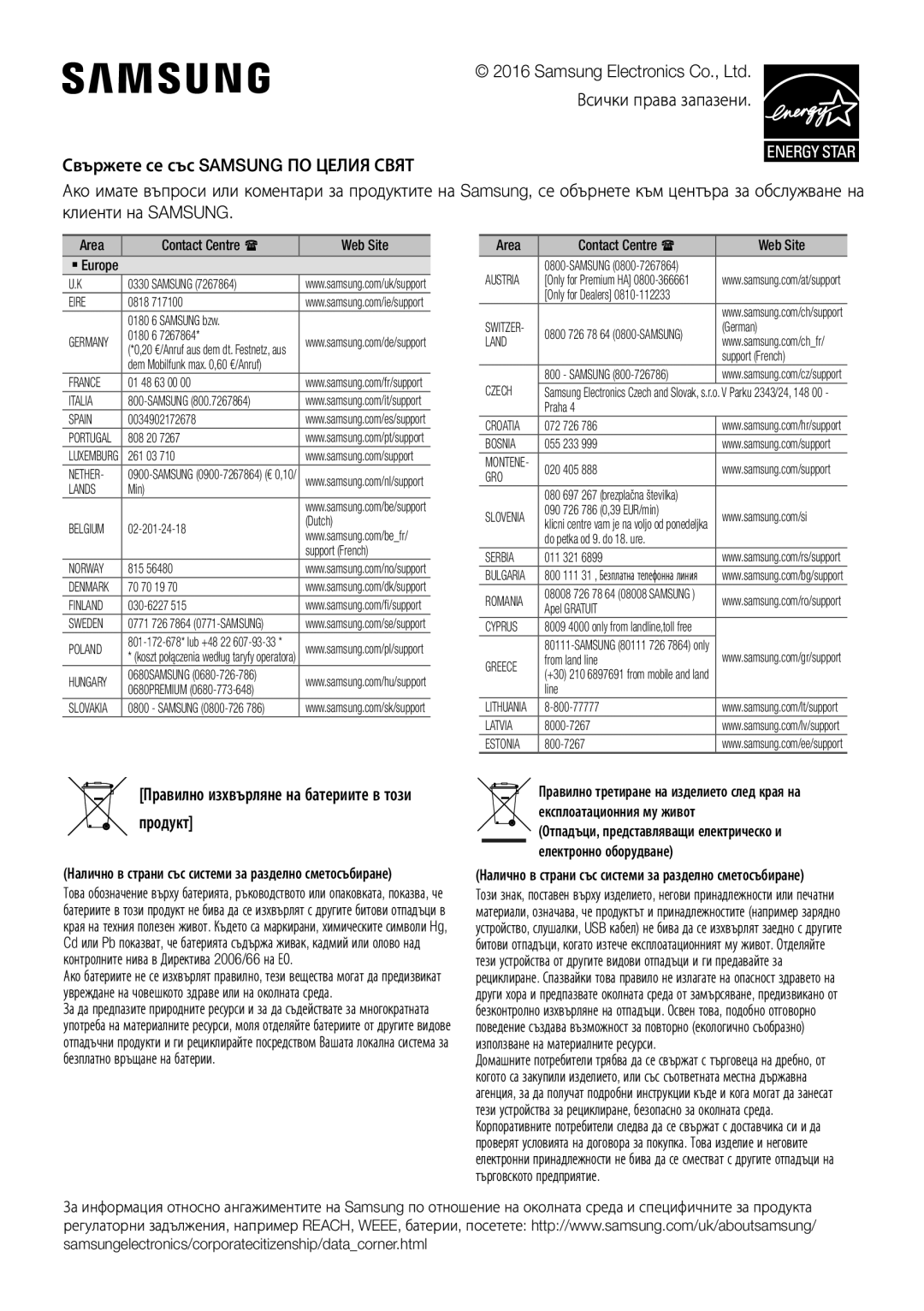 Samsung HW-J450/ZF Правилно изхвърляне на батериите в този продукт, Налично в страни със системи за разделно сметосъбиране 