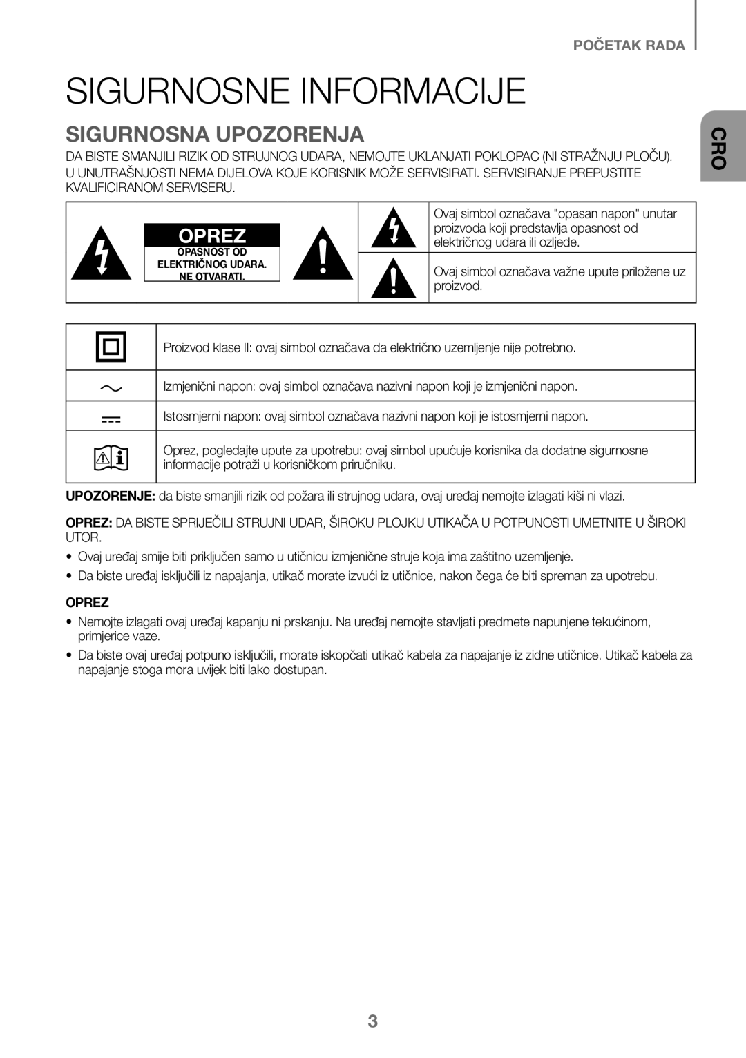 Samsung HW-J450/EN, HW-K450/EN, HW-J450/ZF, HW-K450/ZF manual Sigurnosne Informacije, Sigurnosna Upozorenja, Oprez 