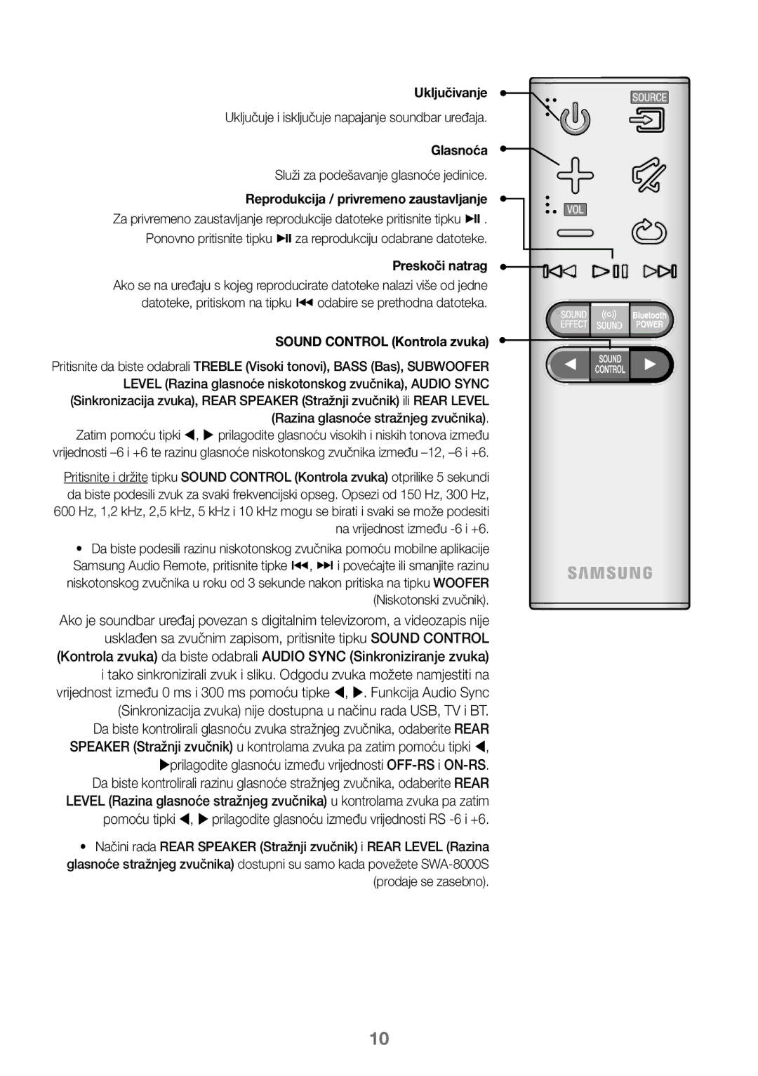 Samsung HW-K450/EN Uključivanje, Uključuje i isključuje napajanje soundbar uređaja, Glasnoća, Sound Control Kontrola zvuka 