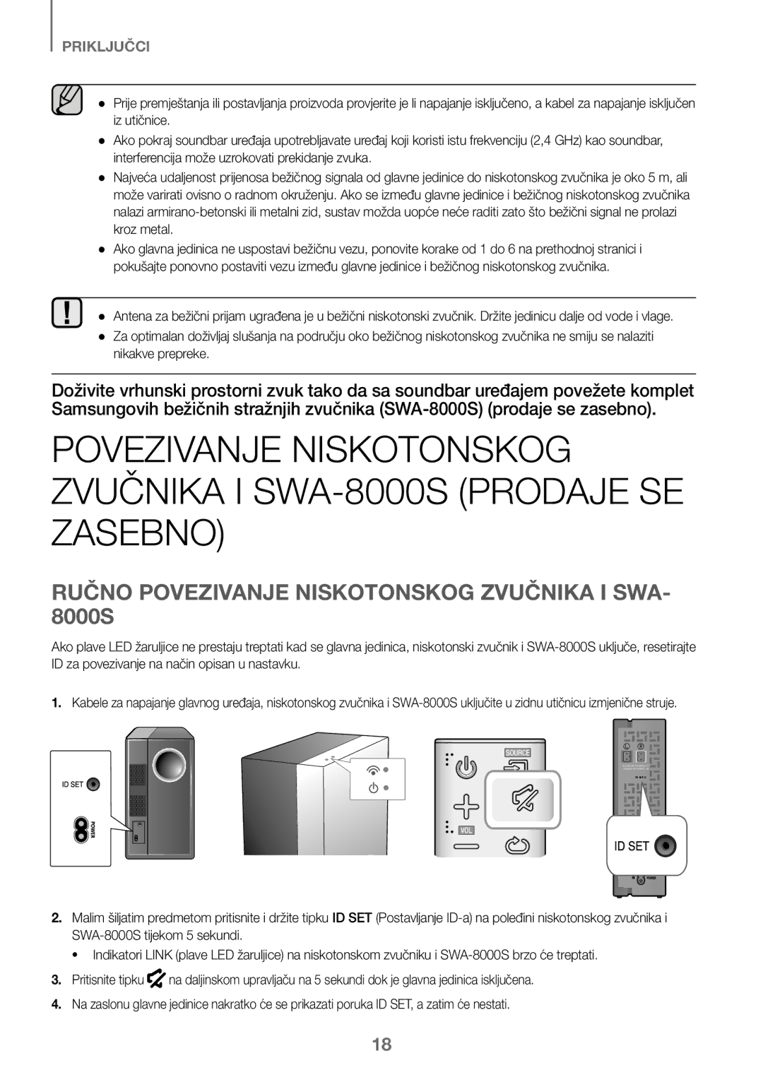 Samsung HW-K450/EN, HW-J450/EN, HW-J450/ZF manual Ručno Povezivanje Niskotonskog Zvučnika I SWA- 8000S, Nikakve prepreke 