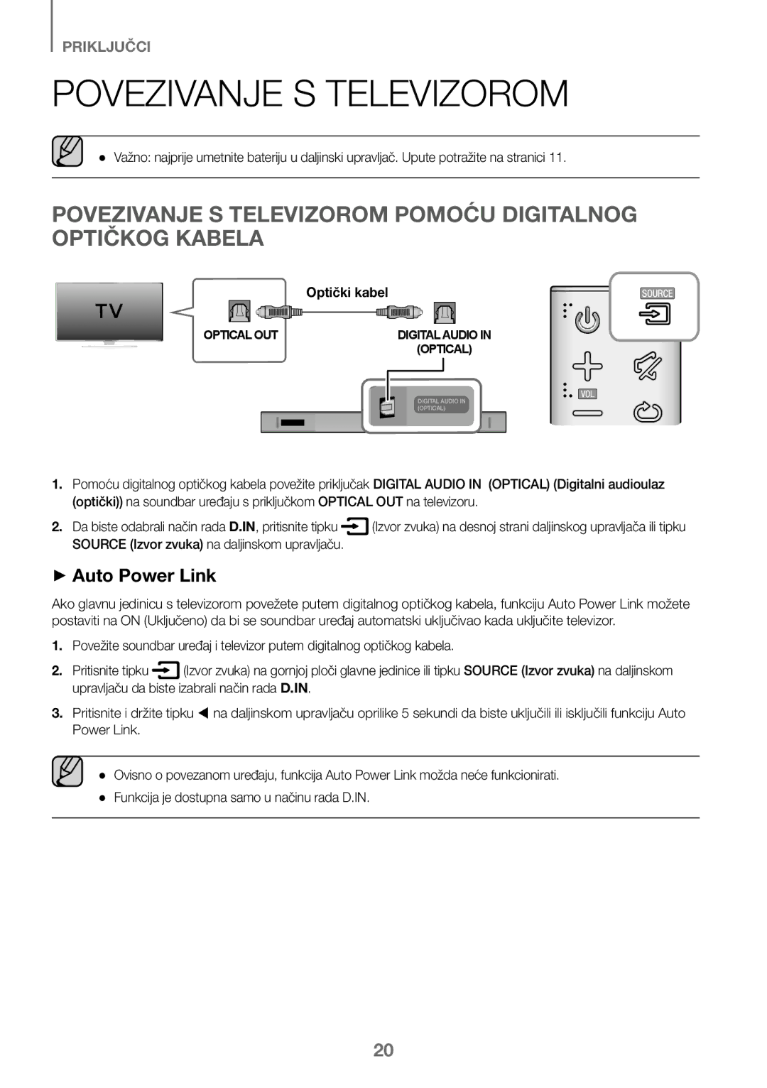 Samsung HW-J450/ZF, HW-K450/EN, HW-J450/EN, HW-K450/ZF manual Povezivanje S Televizorom Pomoću Digitalnog Optičkog Kabela 