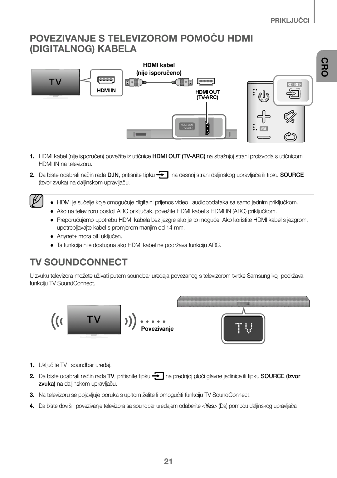 Samsung HW-K450/ZF, HW-K450/EN manual Povezivanje S Televizorom Pomoću Hdmi Digitalnog Kabela, Hdmi kabel Nije isporučeno 