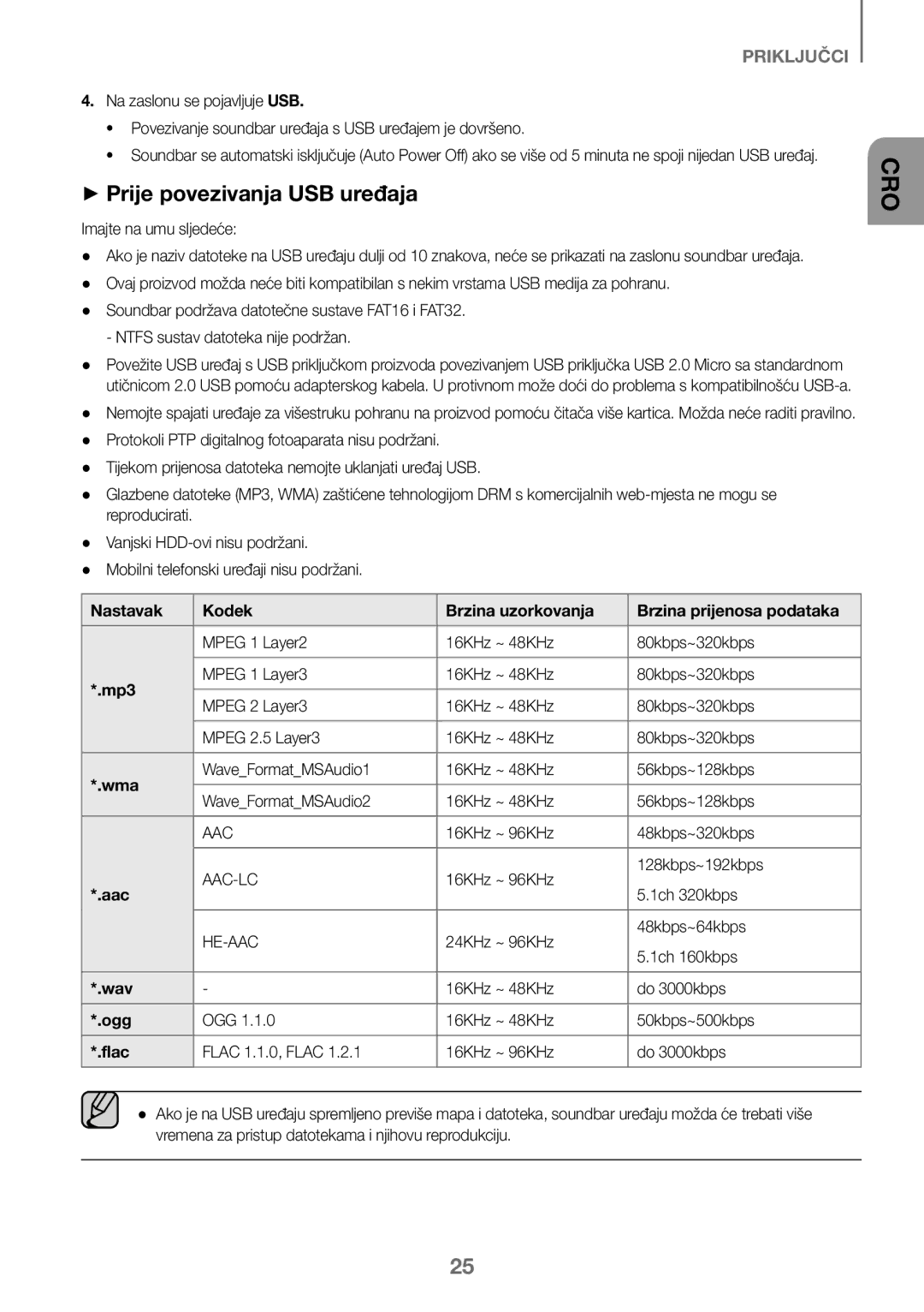 Samsung HW-K450/ZF, HW-K450/EN manual ++Prije povezivanja USB uređaja, Imajte na umu sljedeće, 16KHz ~ 48KHz Do 3000kbps 