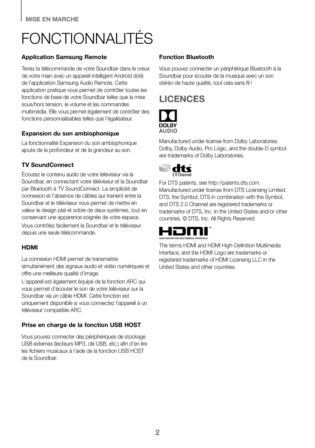 Samsung HW-J450/EN, HW-K450/EN Licences, Application Samsung Remote, Fonction Bluetooth, Expansion du son ambiophonique 