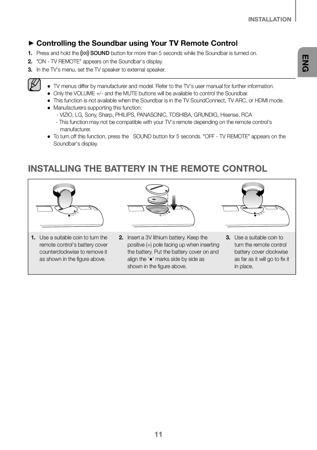 Samsung HW-K450/ZF Installing the Battery in the Remote Control, ++Controlling the Soundbar using Your TV Remote Control 