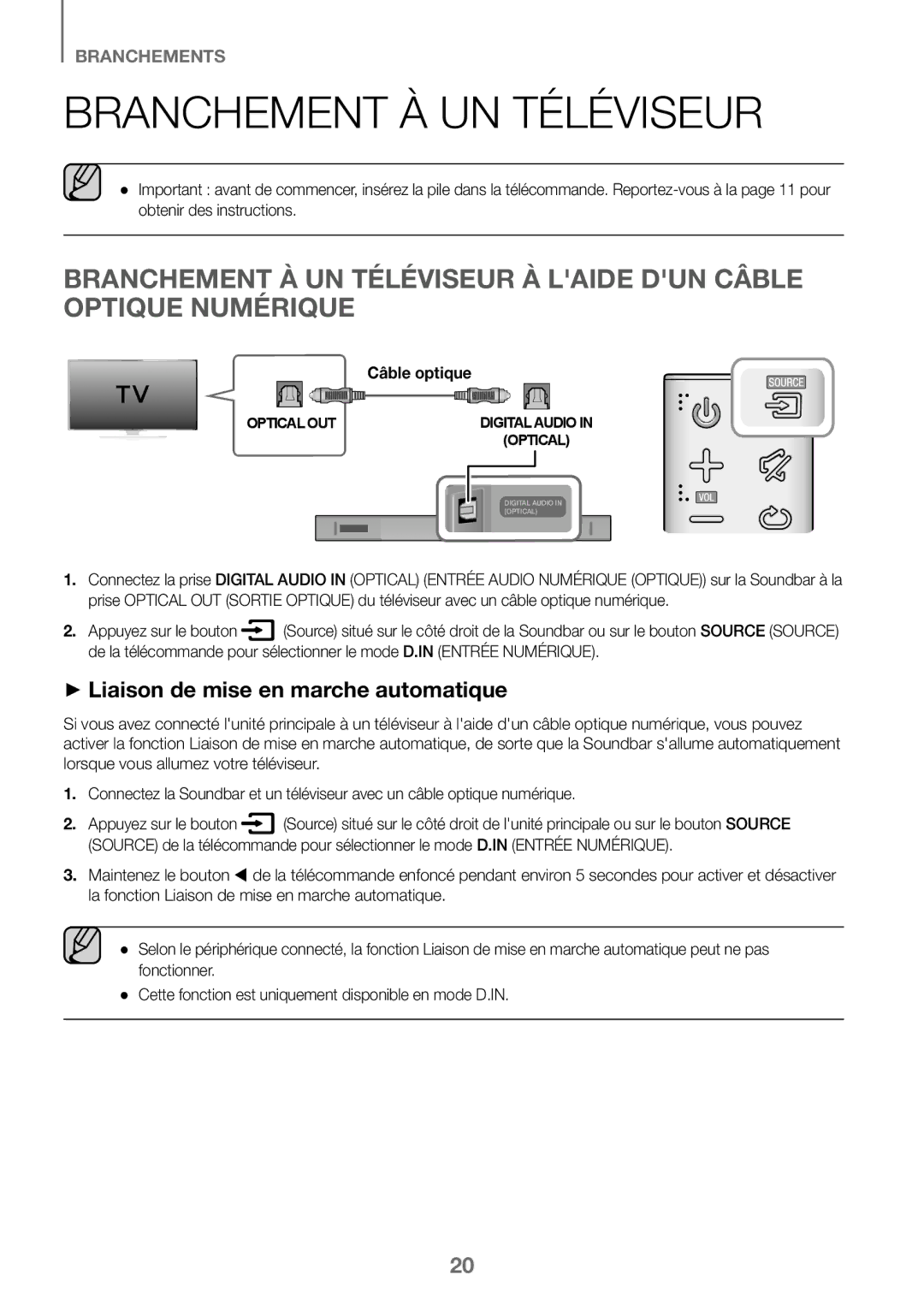 Samsung HW-K450/ZF, HW-K450/EN manual Branchement À UN Téléviseur, ++Liaison de mise en marche automatique, Câble optique 