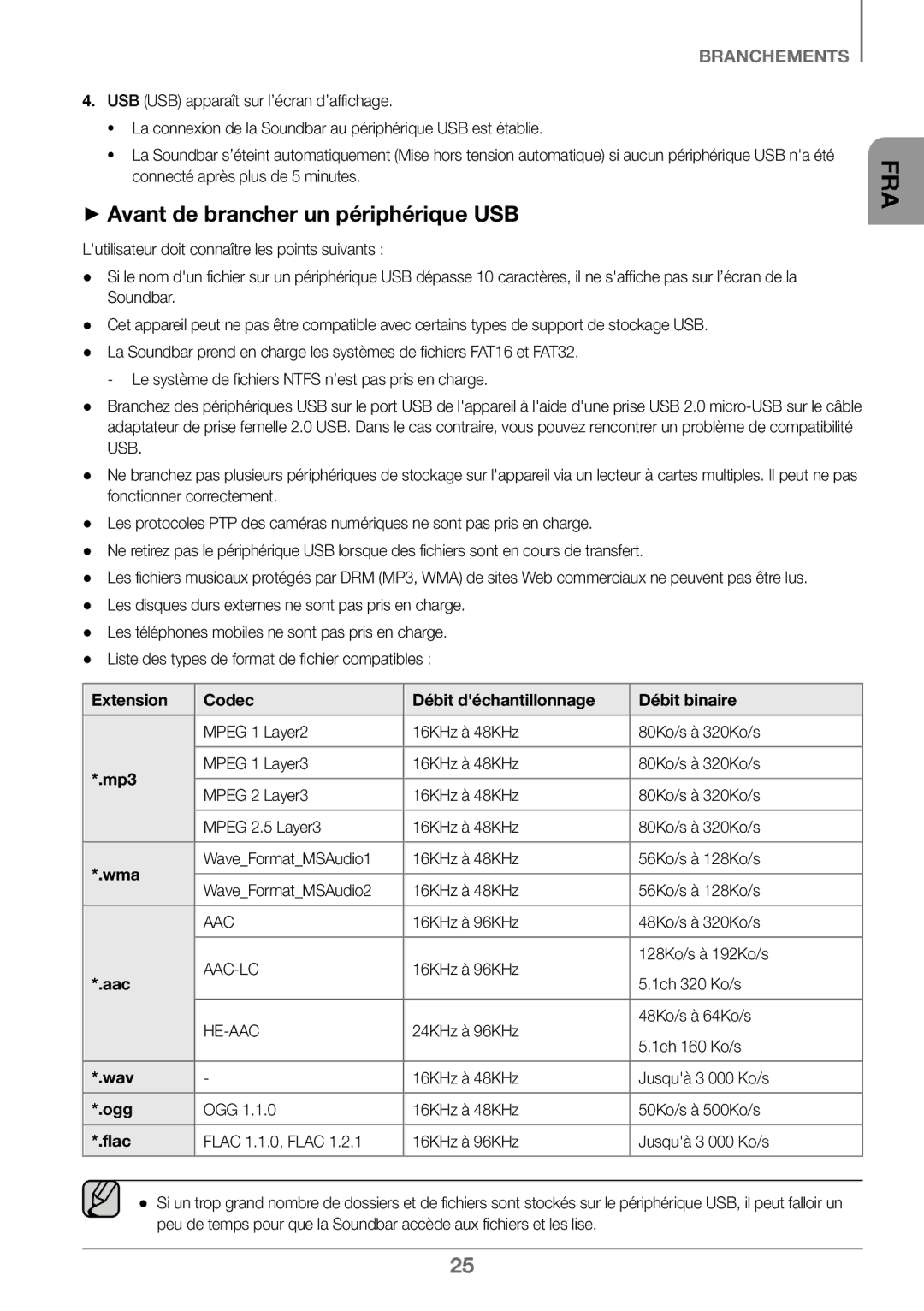 Samsung HW-K450/EN manual ++Avant de brancher un périphérique USB, Extension Codec Débit déchantillonnage Débit binaire 