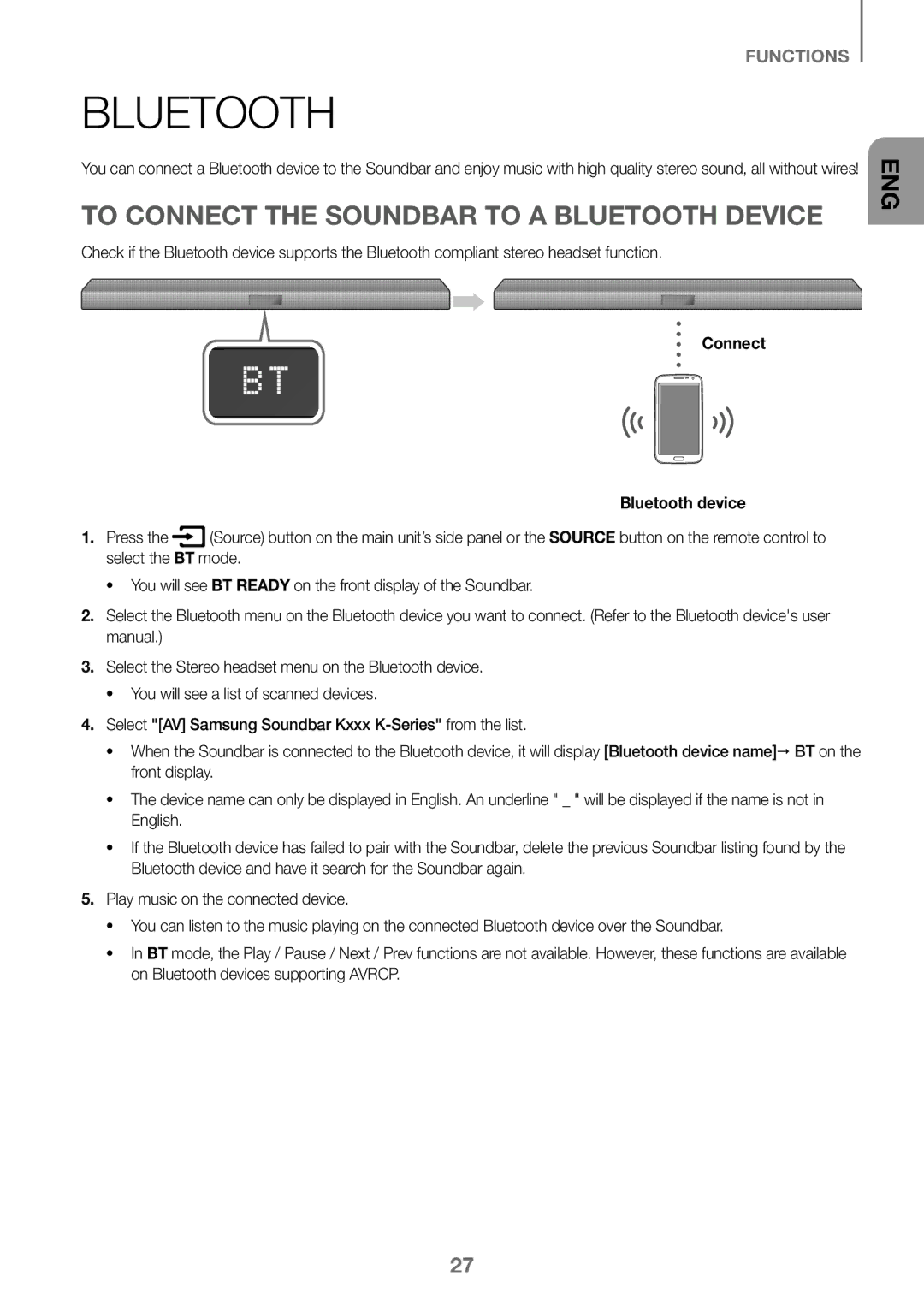 Samsung HW-K450/ZF, HW-K450/EN, HW-J450/EN manual To Connect the Soundbar to a Bluetooth Device, Connect Bluetooth device 