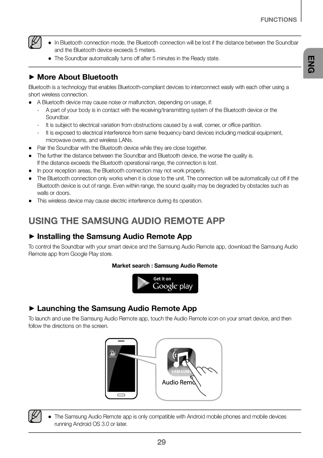 Samsung HW-J450/EN ++More About Bluetooth, ++Launching the Samsung Audio Remote App, Market search Samsung Audio Remote 