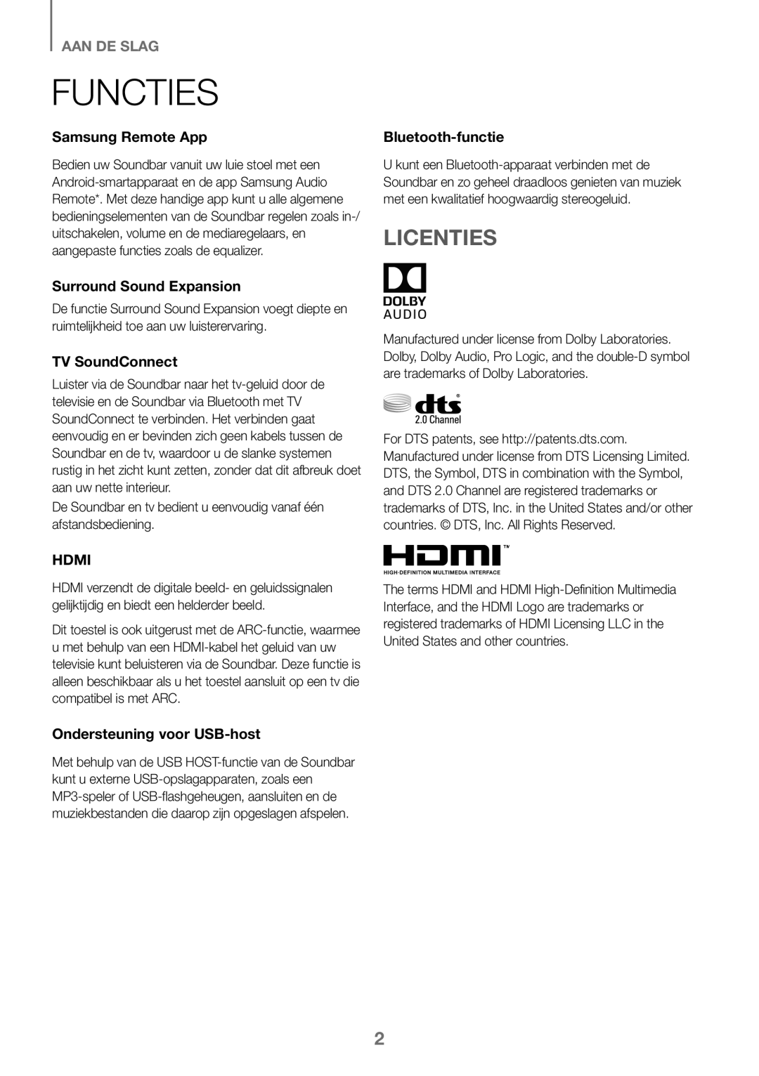 Samsung HW-K450/ZF, HW-K450/EN, HW-J450/EN, HW-J450/ZF Functies, Licenties, Ondersteuning voor USB-host, Bluetooth-functie 