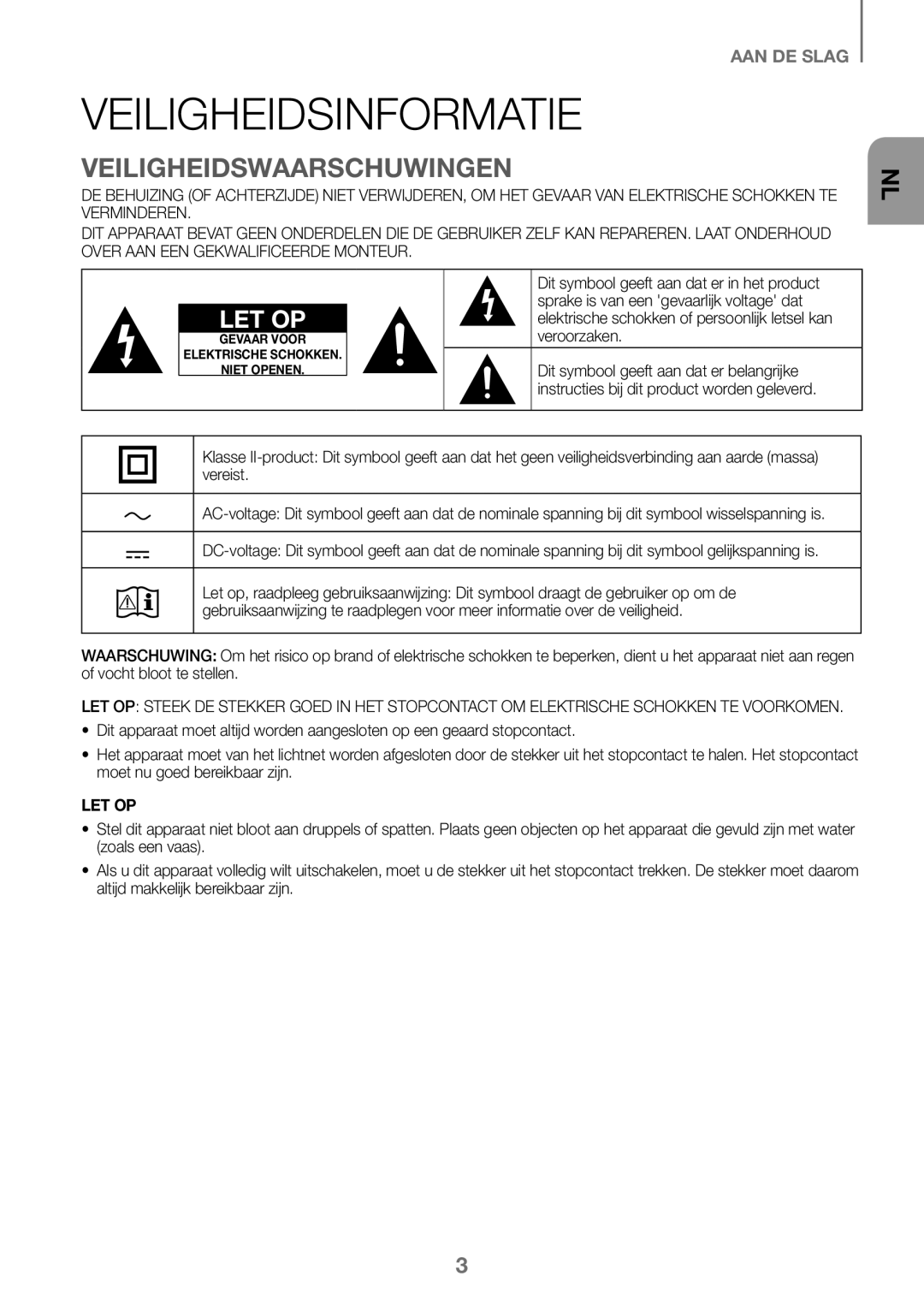 Samsung HW-K450/EN, HW-J450/EN, HW-J450/ZF, HW-K450/ZF manual Veiligheidsinformatie, Veiligheidswaarschuwingen 