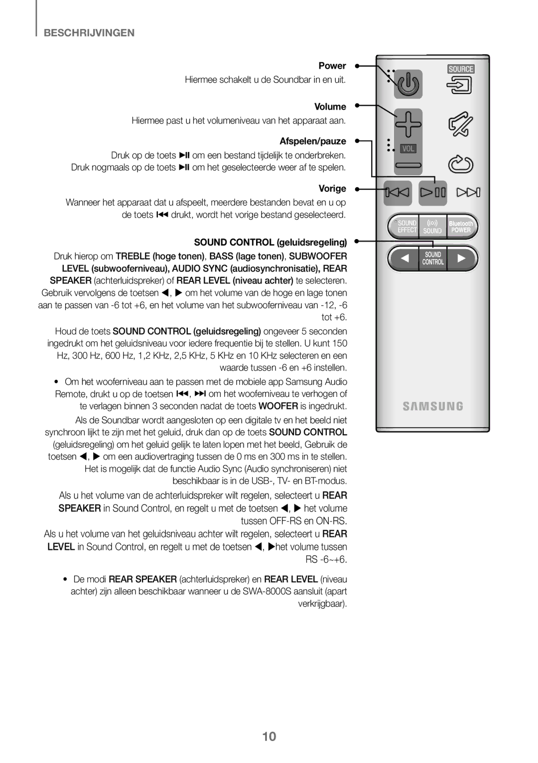 Samsung HW-K450/ZF manual Hiermee schakelt u de Soundbar in en uit, Hiermee past u het volumeniveau van het apparaat aan 