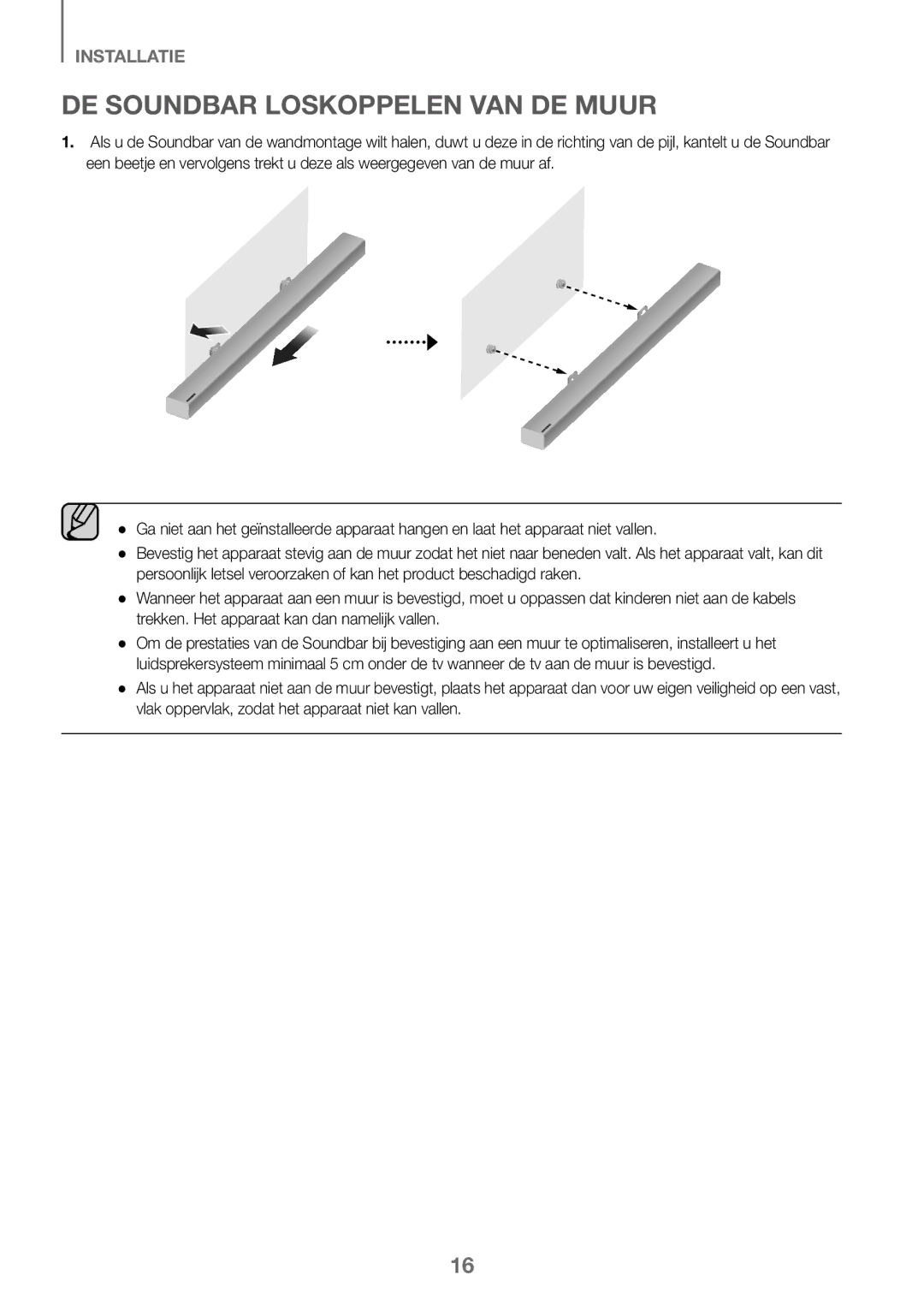 Samsung HW-J450/EN, HW-K450/EN, HW-J450/ZF, HW-K450/ZF manual DE Soundbar Loskoppelen VAN DE Muur 