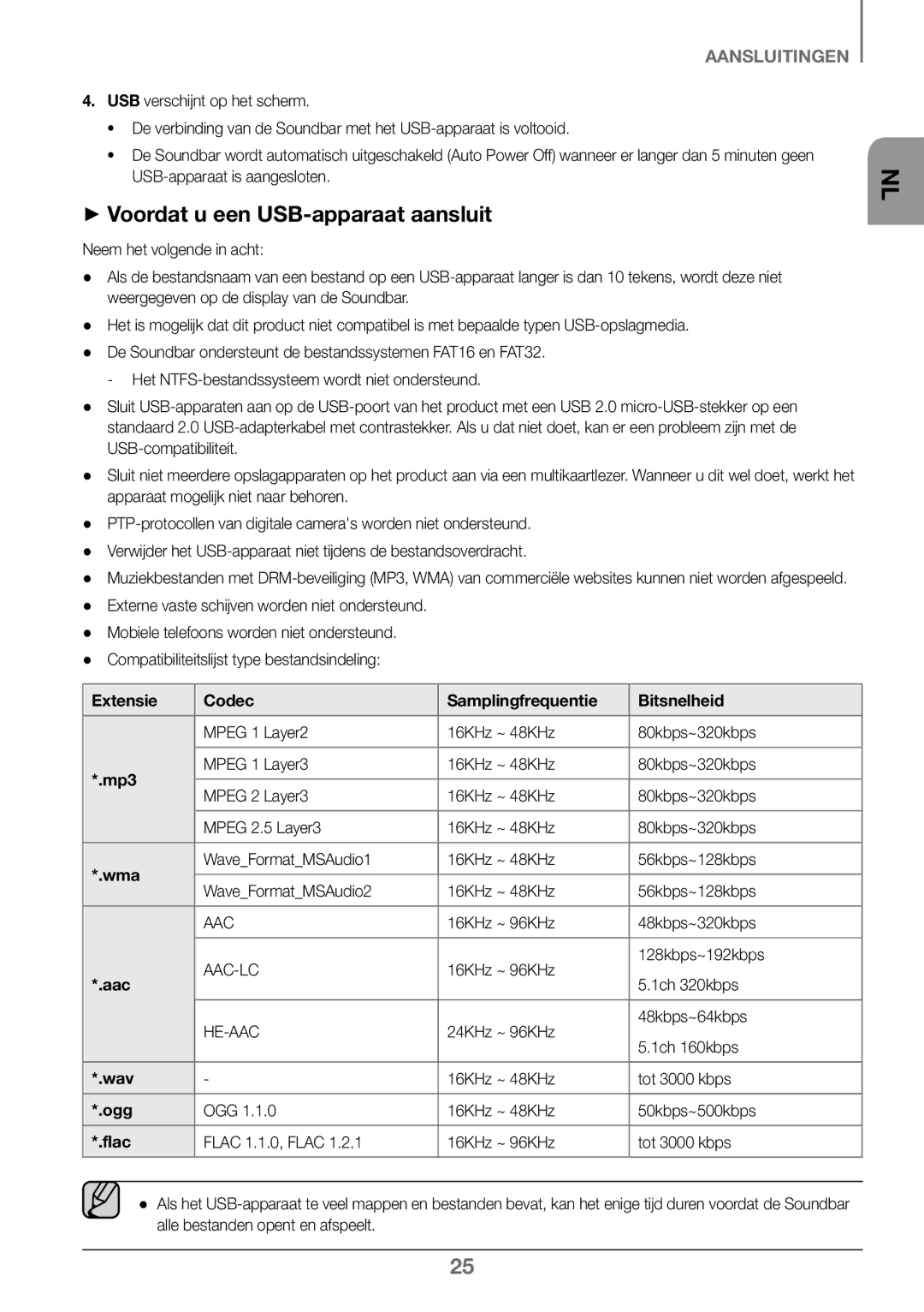 Samsung HW-J450/ZF, HW-K450/EN manual ++Voordat u een USB-apparaat aansluit, Extensie Codec Samplingfrequentie Bitsnelheid 