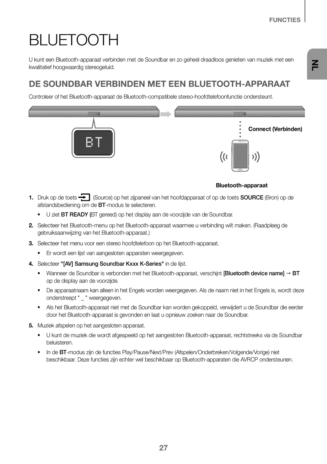 Samsung HW-K450/EN DE Soundbar Verbinden MET EEN BLUETOOTH-APPARAAT, Connect Verbinden Bluetooth-apparaat Druk op de toets 