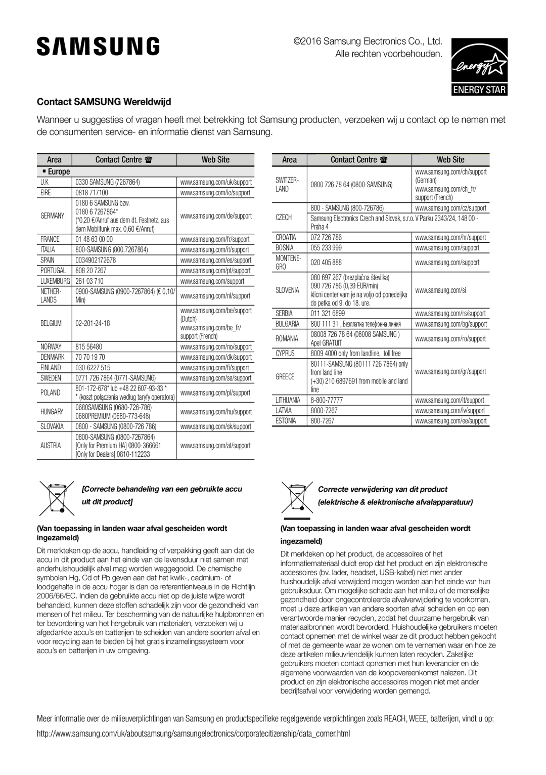 Samsung HW-J450/ZF, HW-K450/EN Contact Samsung Wereldwijd, Correcte behandeling van een gebruikte accu uit dit product 