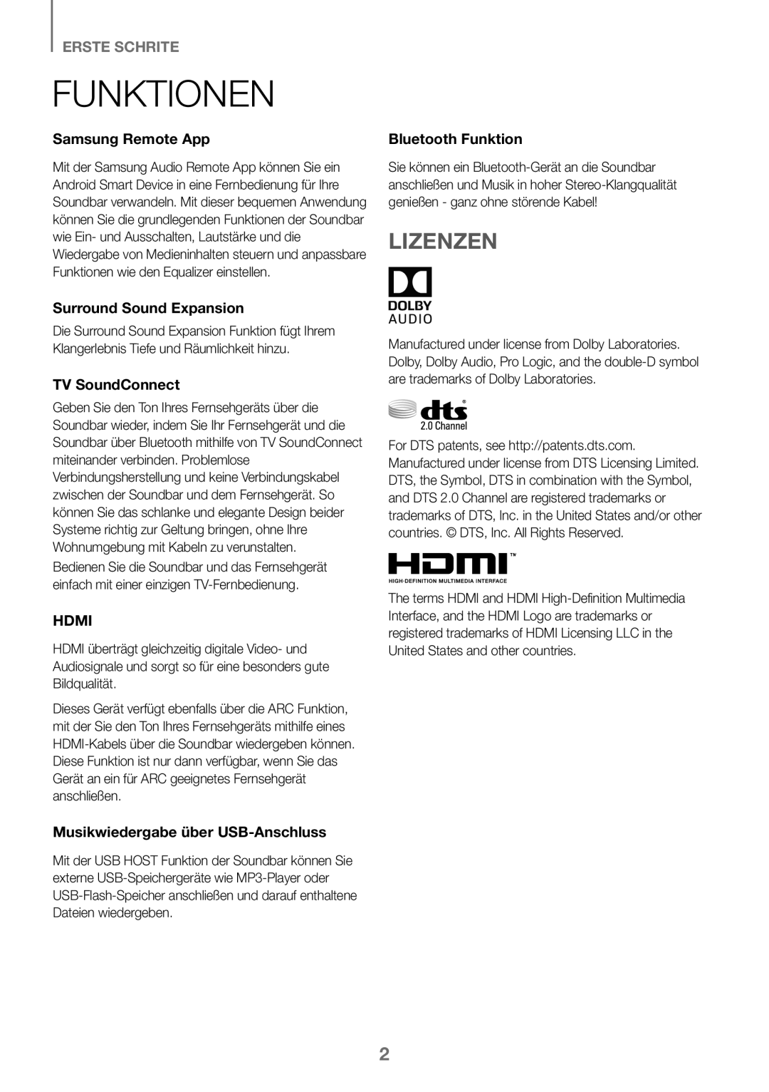 Samsung HW-K450/EN, HW-J450/EN, HW-J450/ZF Funktionen, Lizenzen, Musikwiedergabe über USB-Anschluss, Bluetooth Funktion 