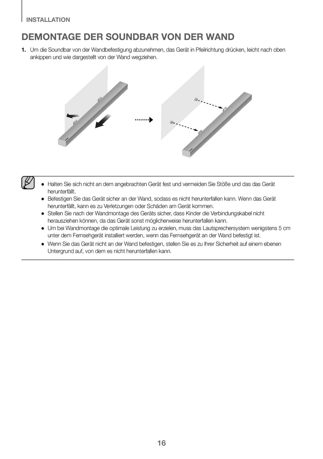 Samsung HW-J450/ZF, HW-K450/EN, HW-J450/EN, HW-K450/ZF manual Demontage DER Soundbar VON DER Wand 