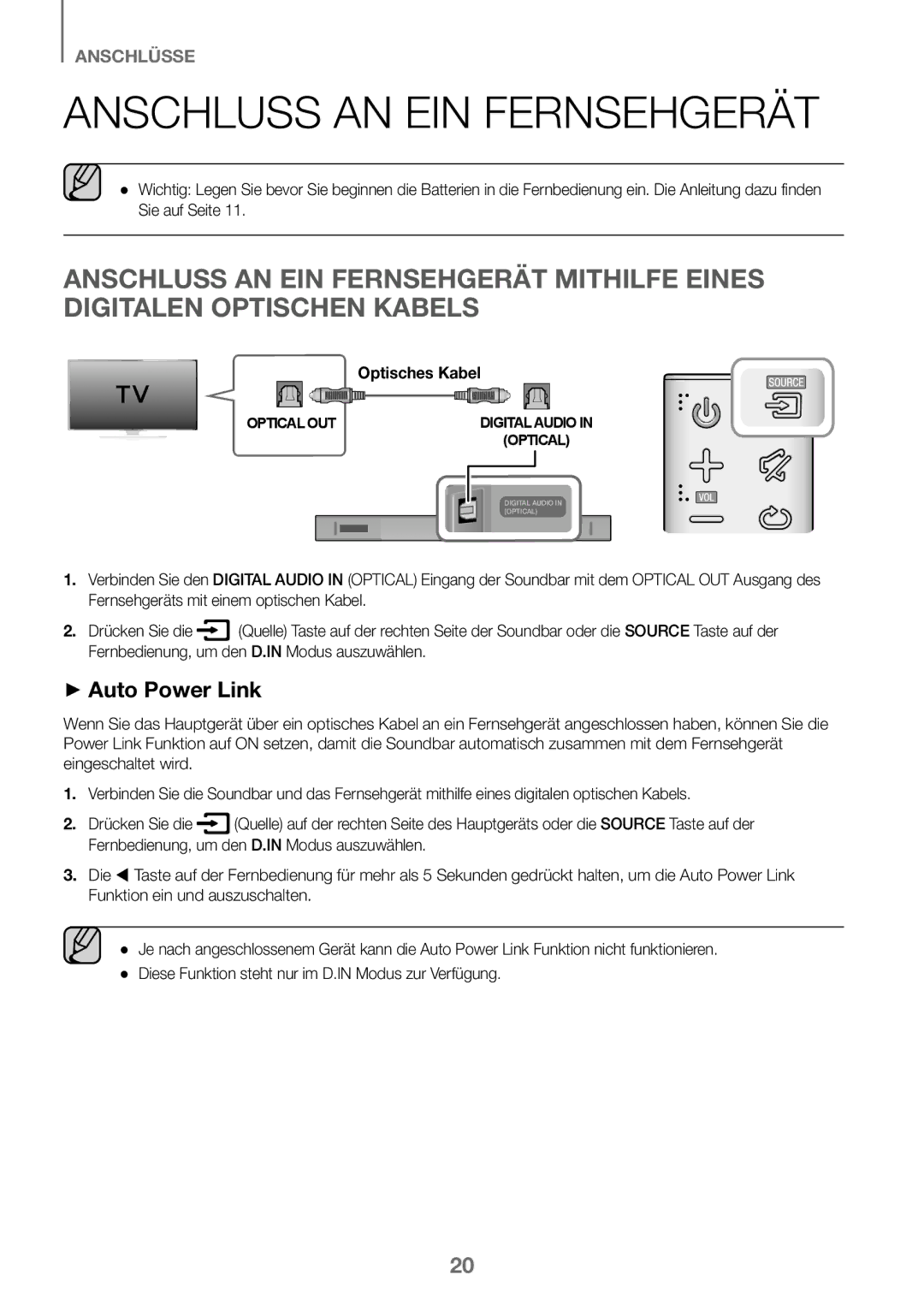 Samsung HW-J450/ZF, HW-K450/EN, HW-J450/EN, HW-K450/ZF manual Anschluss AN EIN Fernsehgerät, Optisches Kabel 