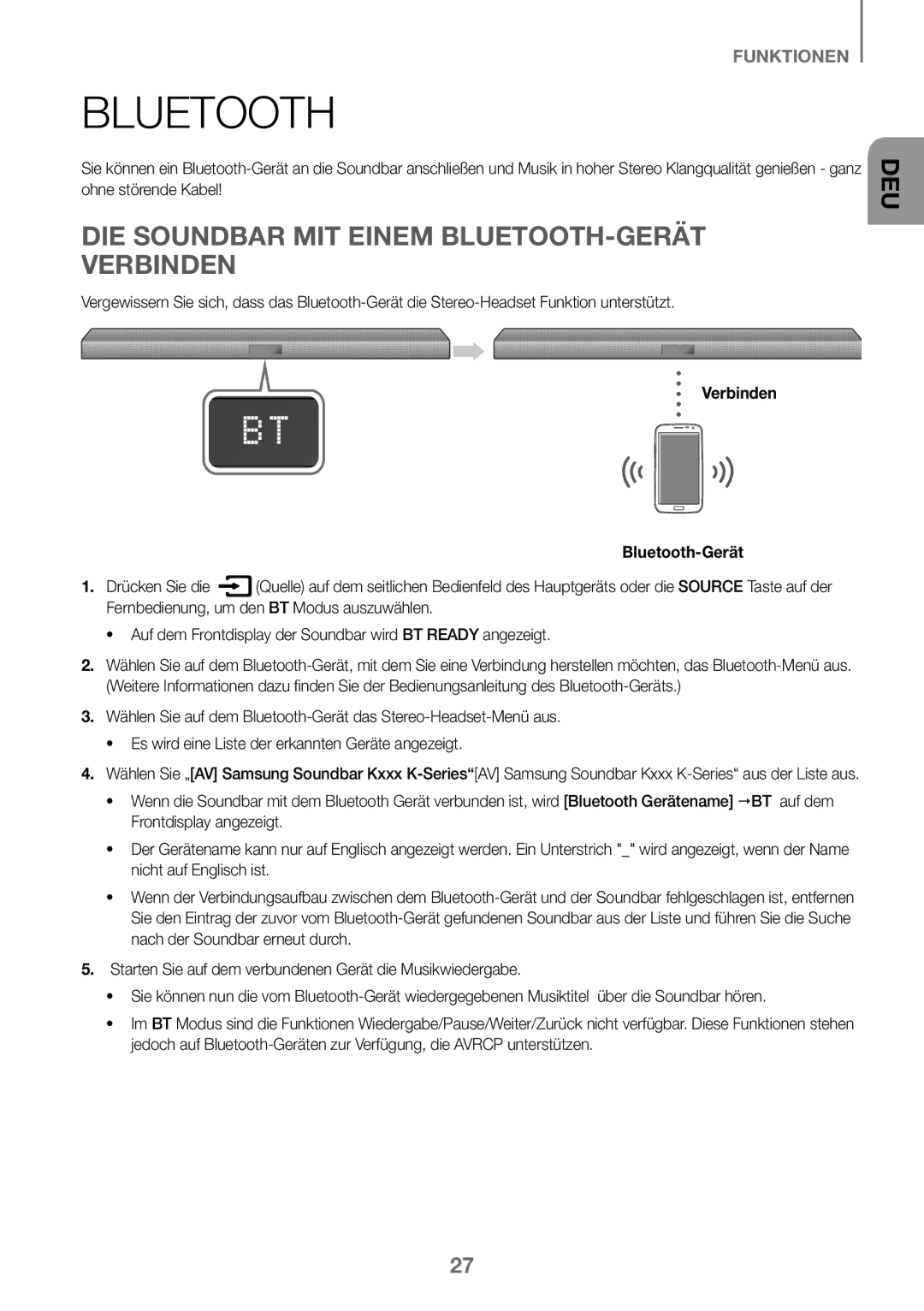 Samsung HW-J450/EN, HW-K450/EN DIE Soundbar MIT Einem BLUETOOTH-GERÄT Verbinden, Verbinden Bluetooth-Gerät Drücken Sie die 