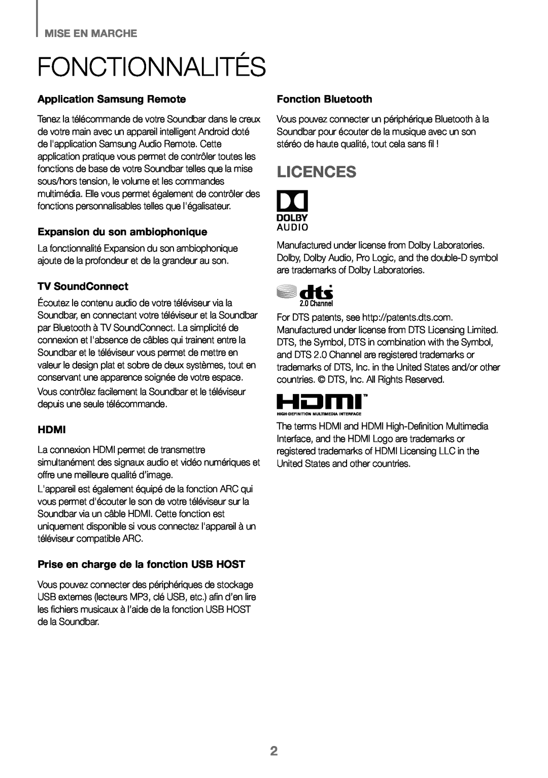 Samsung HW-J450/EN, HW-K450/EN, HW-J450/ZF, HW-K450/ZF manual Fonctionnalités, Licences, Mise En Marche 
