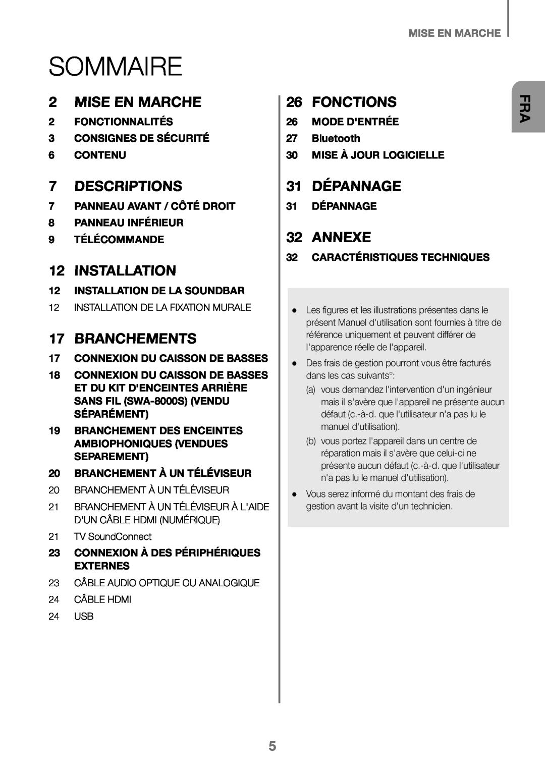 Samsung HW-K450/EN Sommaire, Mise En Marche, Branchements, Fonctions, 31 DÉPANNAGE, Annexe, Descriptions, Installation 