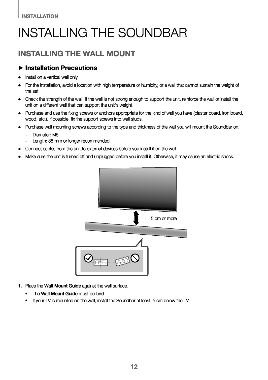 Samsung HW-K450/EN, HW-J450/EN, HW-J450/ZF Installing The Soundbar, Installing The Wall Mount, ++Installation Precautions 