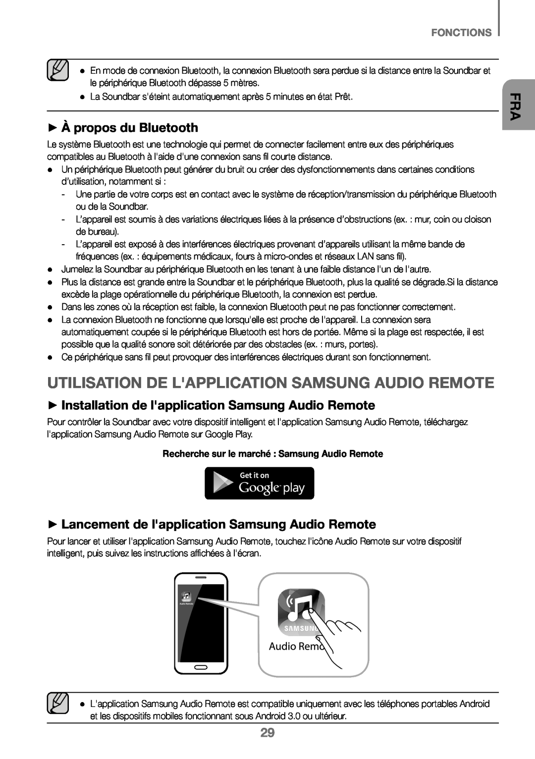 Samsung HW-K450/EN, HW-J450/EN manual ++À propos du Bluetooth, ++Lancement de lapplication Samsung Audio Remote, Fonctions 