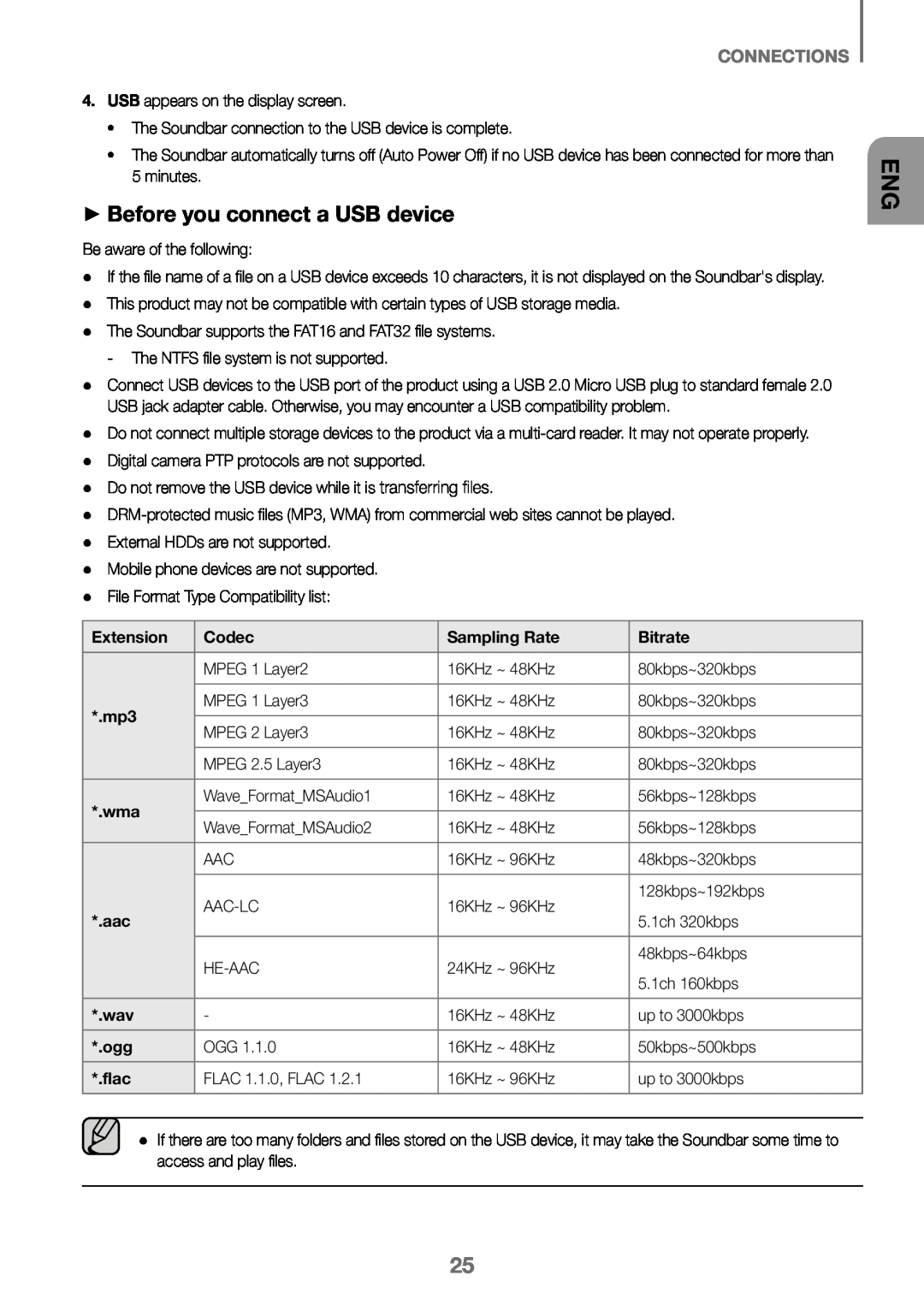 Samsung HW-J450/EN manual ++Before you connect a USB device, Connections, Extension, Codec, Sampling Rate, Bitrate, flac 