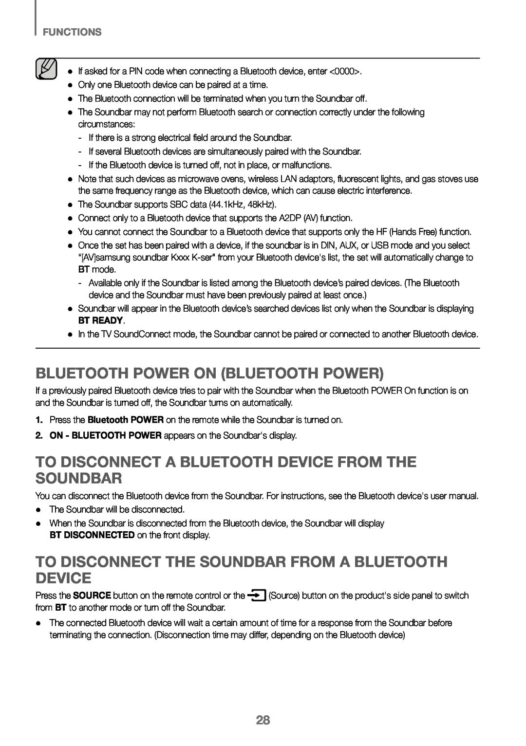 Samsung HW-K450/EN manual Bluetooth Power On Bluetooth Power, To Disconnect A Bluetooth Device From The Soundbar, Functions 