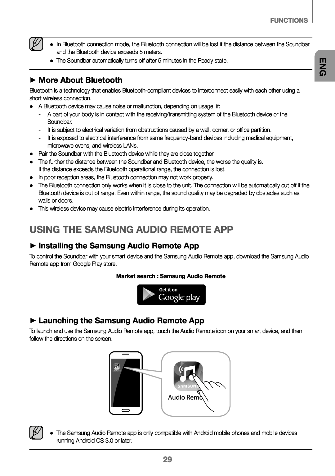 Samsung HW-J450/EN, HW-K450/EN, HW-J450/ZF manual ++More About Bluetooth, ++Launching the Samsung Audio Remote App, Functions 