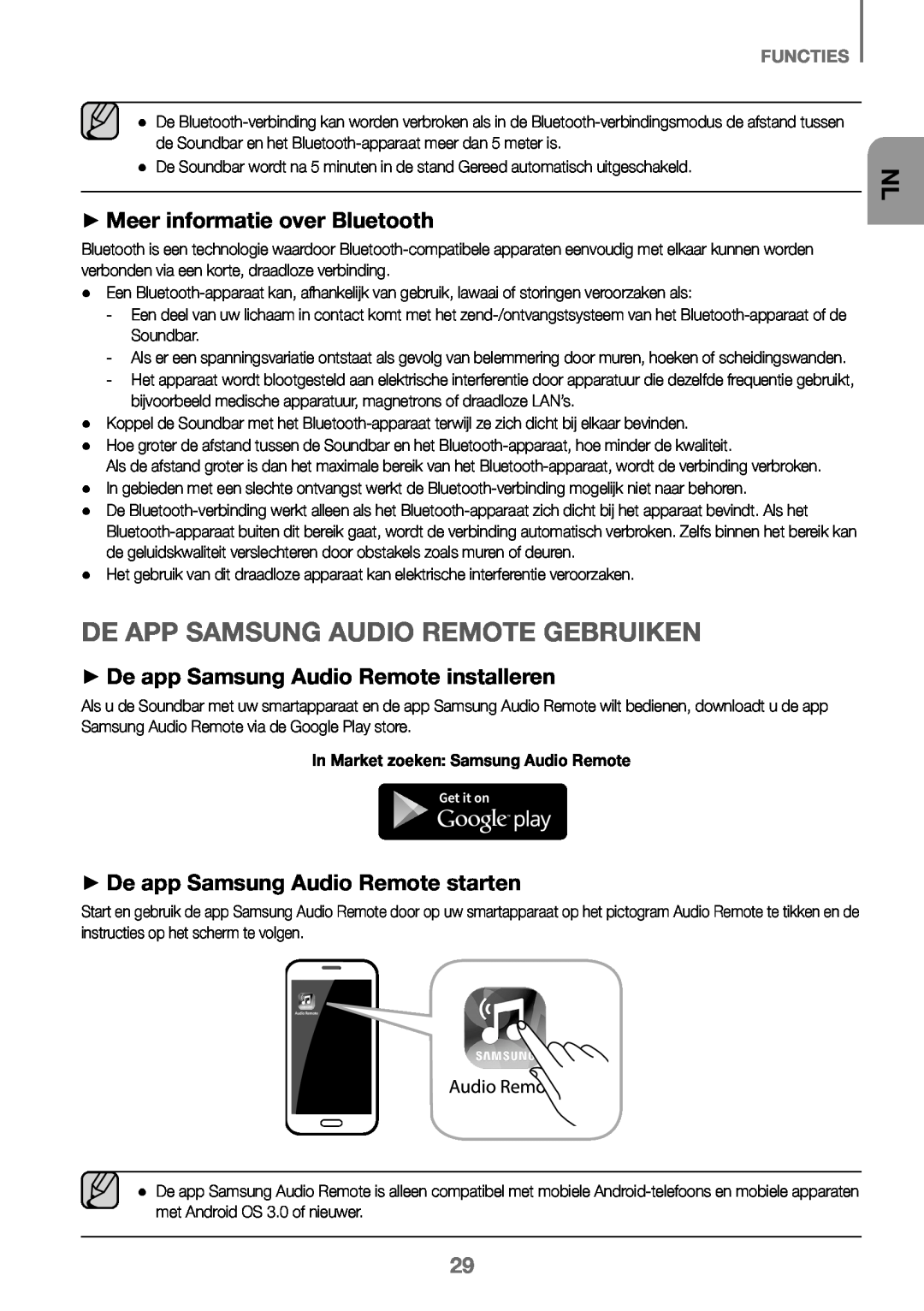 Samsung HW-J450/ZF, HW-K450/EN manual ++Meer informatie over Bluetooth, ++De app Samsung Audio Remote starten, Functies 