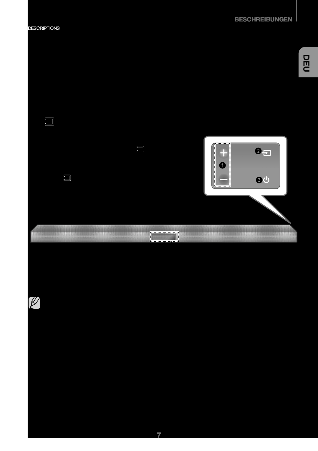 Samsung HW-J450/EN Gerätevorderseite / Bedienfeld Auf Der Rechten Seite, 1 / Lautstärke Taste, 2Quelle Taste, Anzeige 