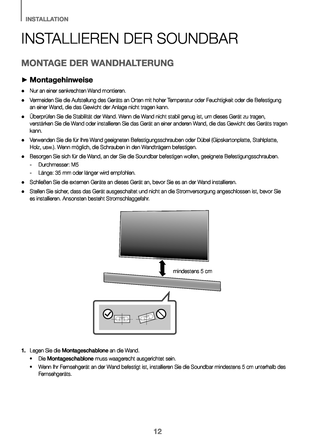 Samsung HW-J450/ZF, HW-K450/EN manual Installieren Der Soundbar, Montage Der Wandhalterung, ++Montagehinweise, Installation 