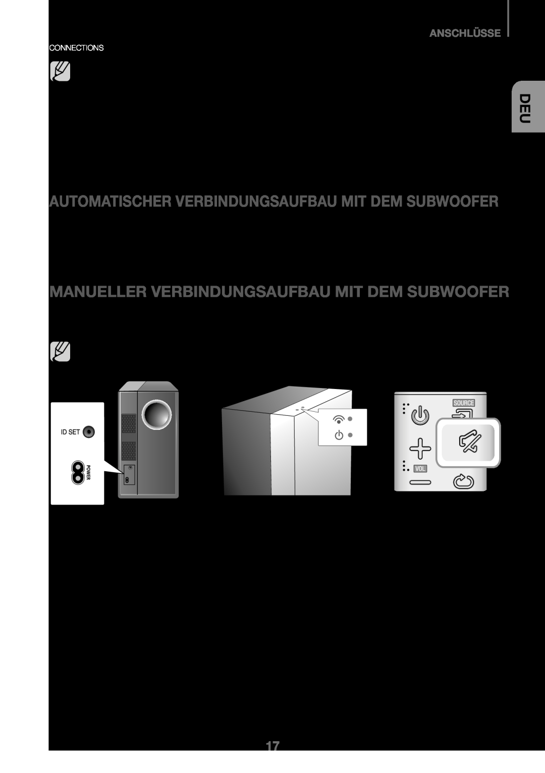 Samsung HW-K450/ZF, HW-K450/EN manual Anschliessen Des Subwoofers, Manueller Verbindungsaufbau Mit Dem Subwoofer, Anschlüsse 