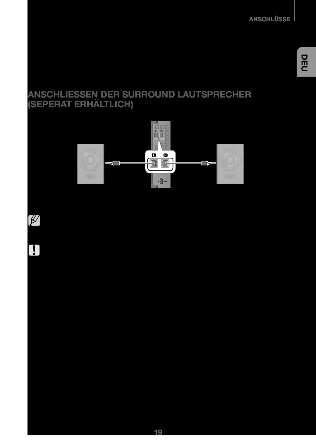 Samsung HW-J450/EN manual Anschliessen Der Surround Lautsprecher Seperat Erhältlich, Anschlüsse, Surround-Lautsprecher R 
