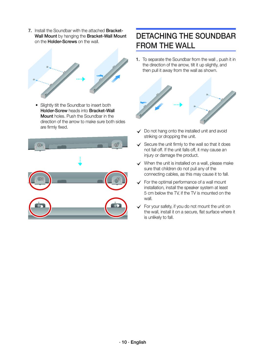 Samsung HW-K450/EN manual Detaching the Soundbar from the Wall 