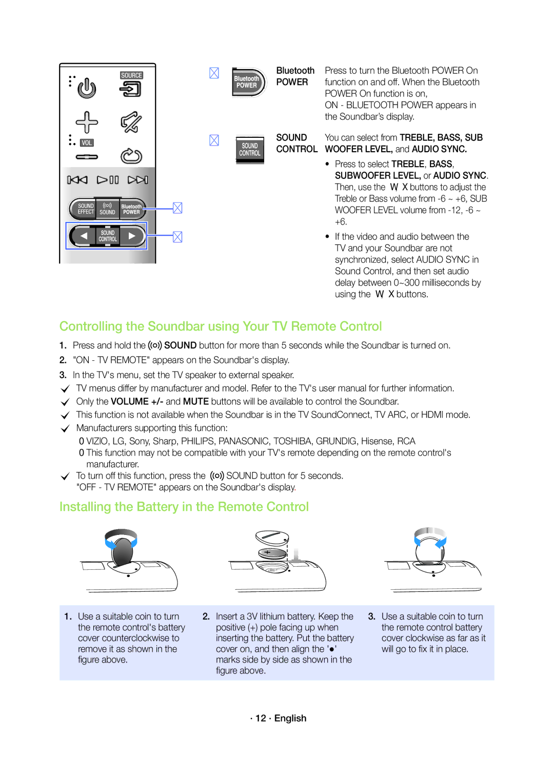 Samsung HW-K450/EN Controlling the Soundbar using Your TV Remote Control, Installing the Battery in the Remote Control 