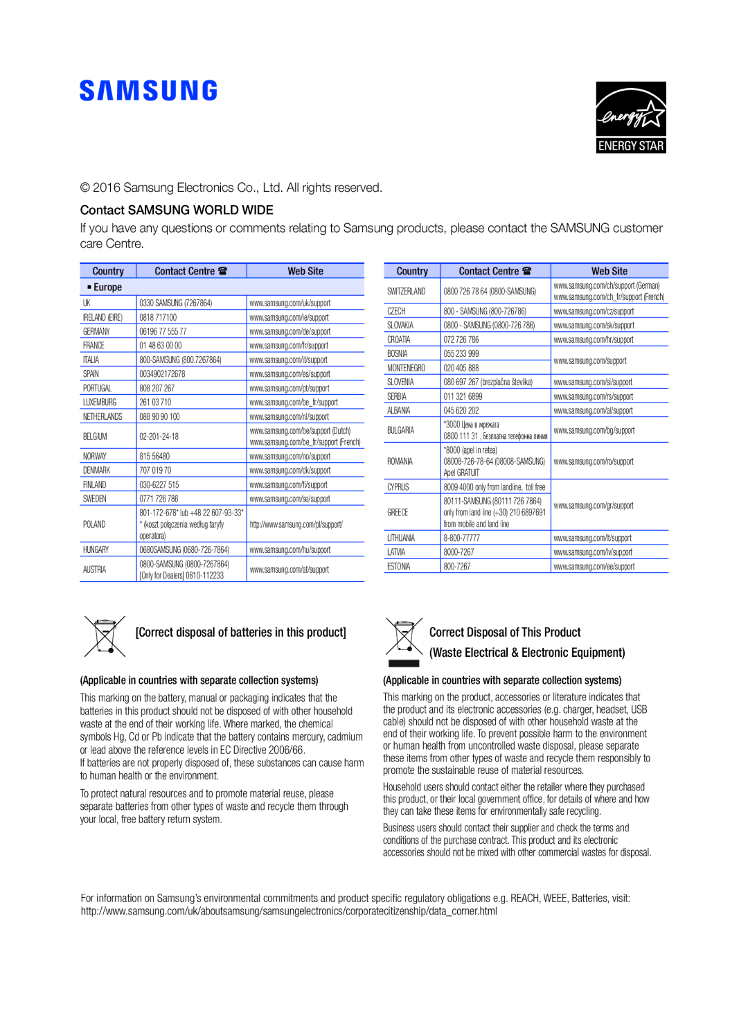 Samsung HW-K450/EN manual Correct disposal of batteries in this product 