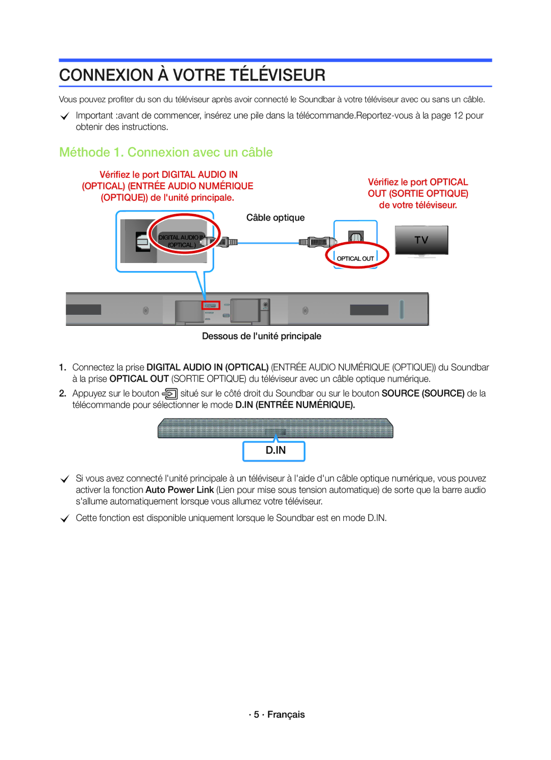 Samsung HW-K450/EN manual Connexion À Votre Téléviseur, Méthode 1. Connexion avec un câble, Câble optique 