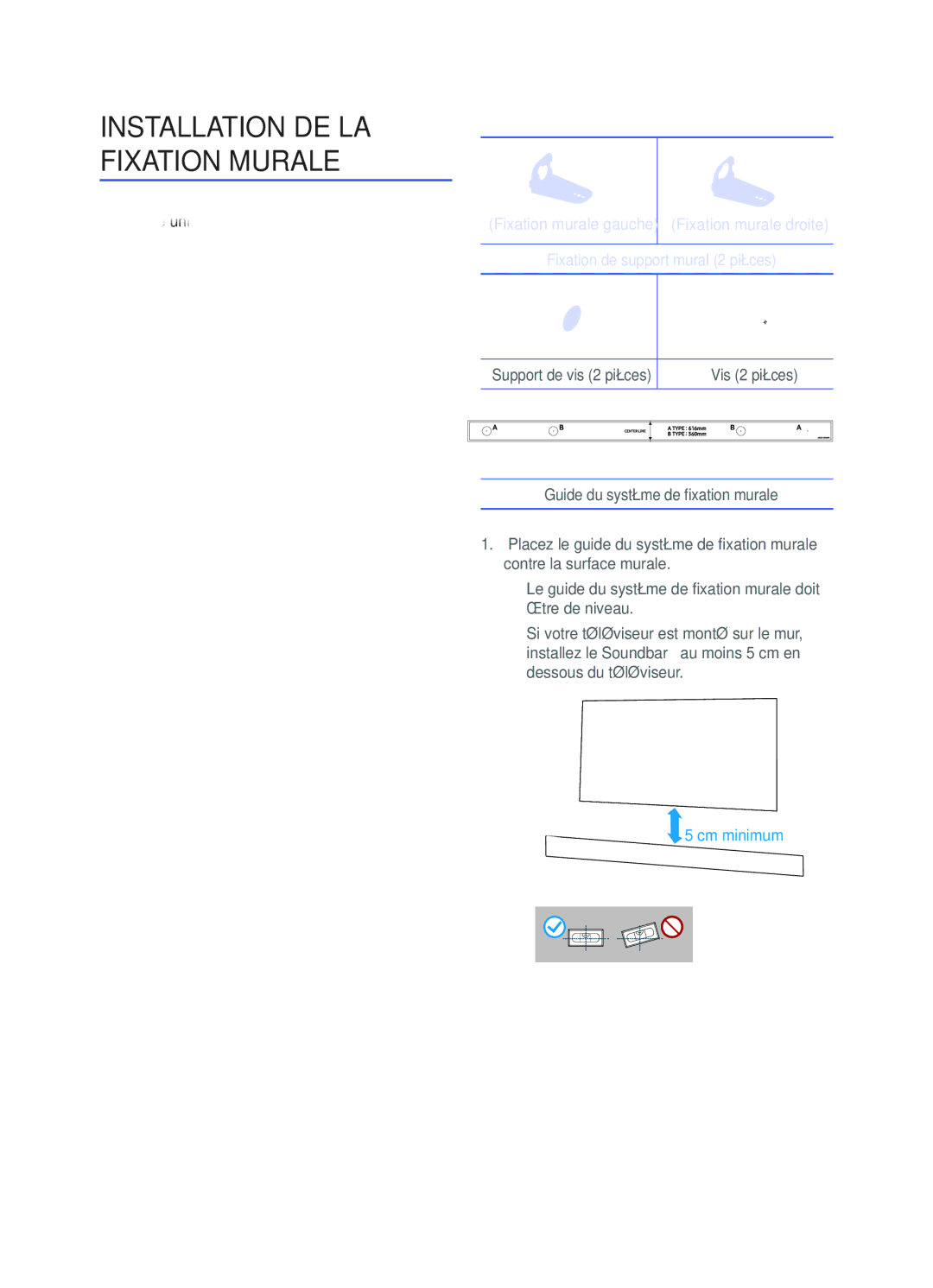 Samsung HW-K450/EN manual Consignes dinstallation, Fixation murale gauche, Fixation de support mural 2 pièces, Vis 2 pièces 