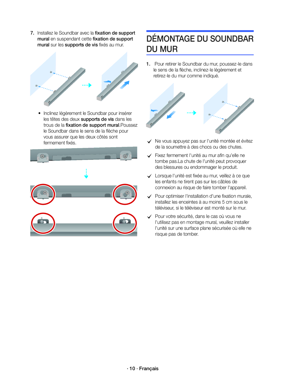 Samsung HW-K450/EN manual Démontage DU Soundbar DU MUR 