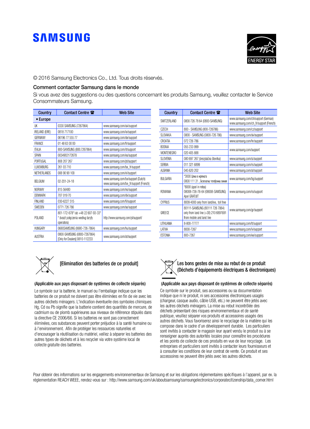 Samsung HW-K450/EN manual Elimination des batteries de ce produit 