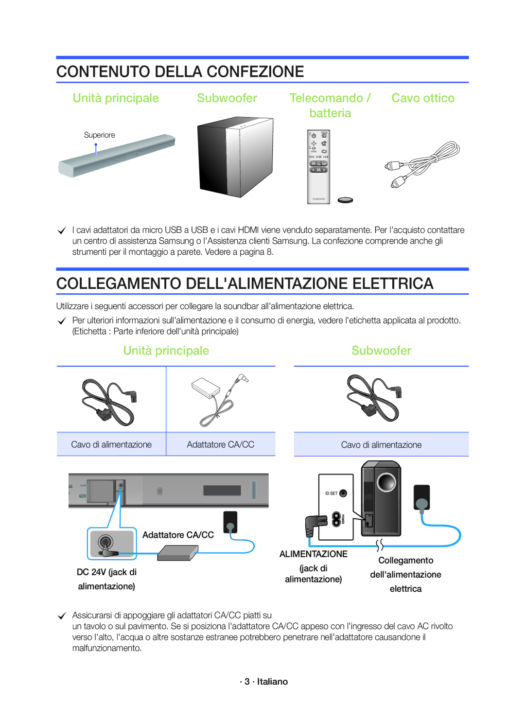 Samsung HW-K450/EN manual Contenuto Della Confezione, Collegamento Dellalimentazione Elettrica, Unità principale Subwoofer 