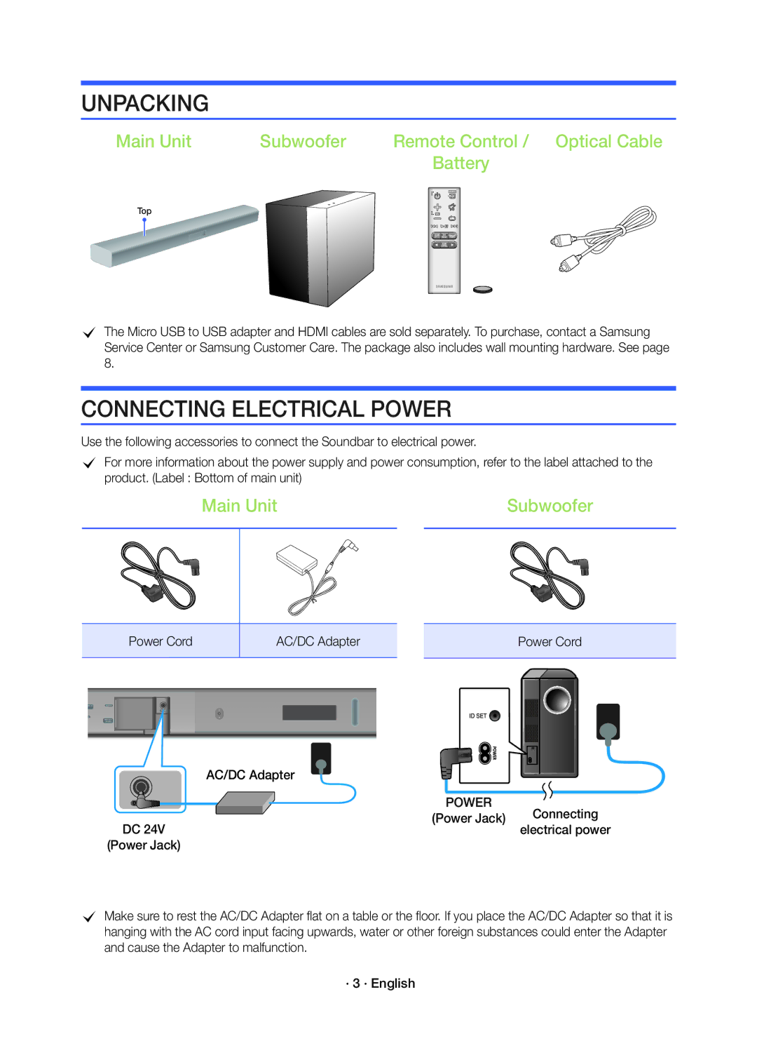 Samsung HW-K450/EN Unpacking, Connecting Electrical Power, Main Unit Subwoofer Remote Control / Optical Cable Battery 