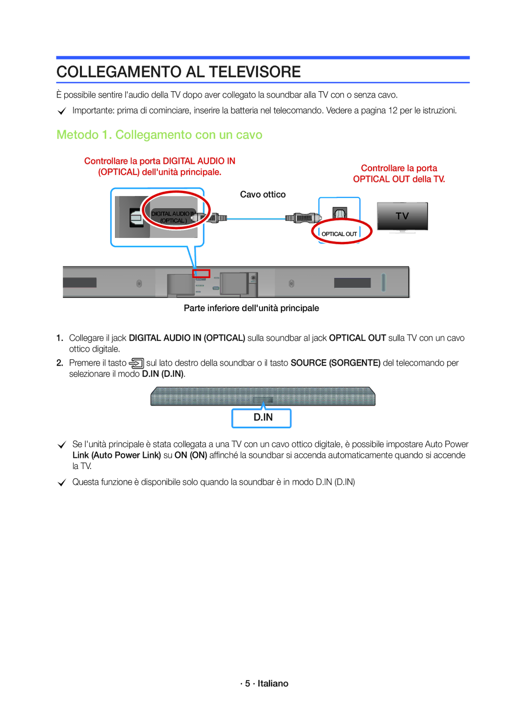 Samsung HW-K450/EN manual Collegamento AL Televisore, Metodo 1. Collegamento con un cavo, Cavo ottico 