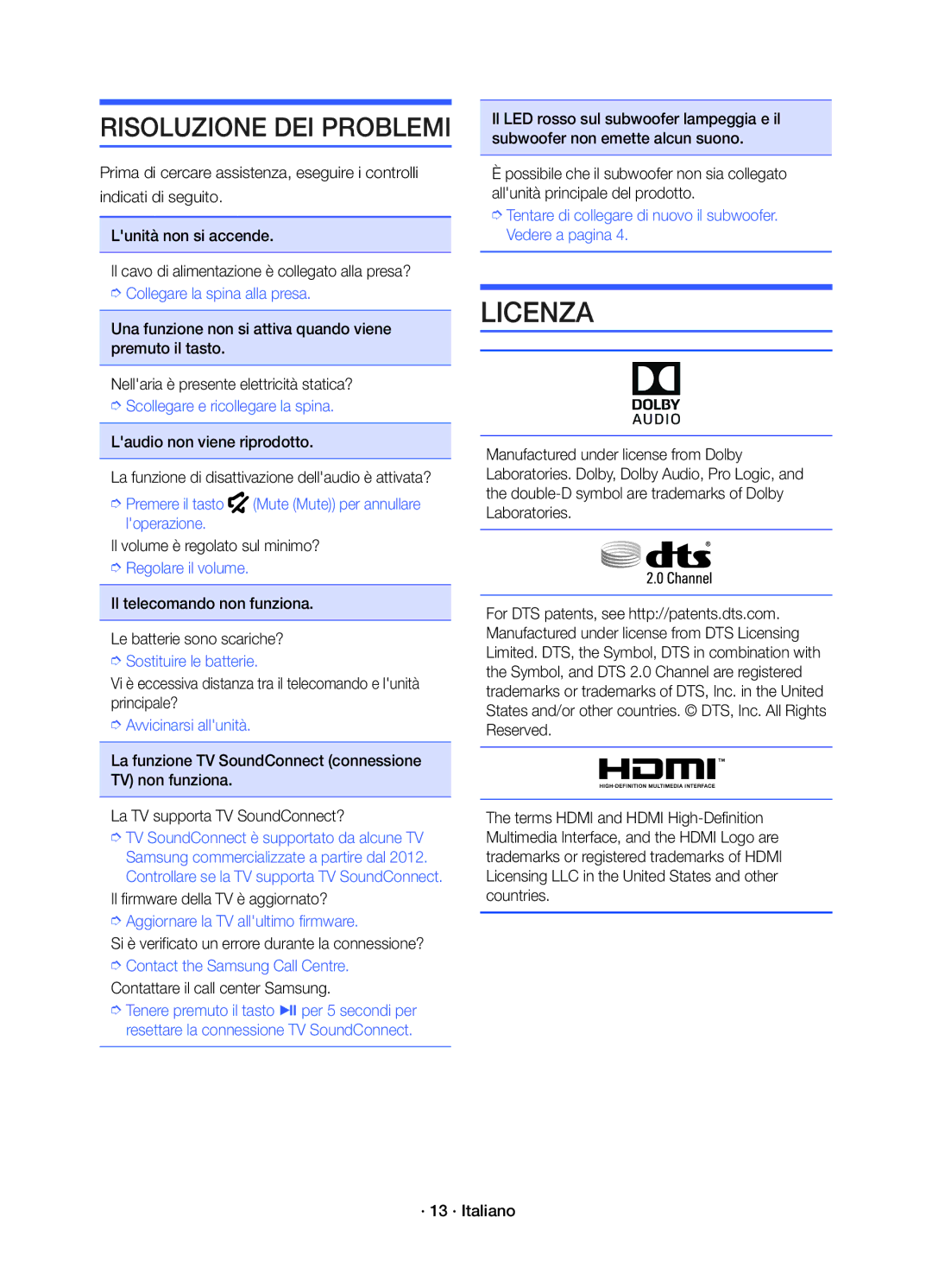 Samsung HW-K450/EN manual Licenza, Il volume è regolato sul minimo?, Il telecomando non funziona Le batterie sono scariche? 