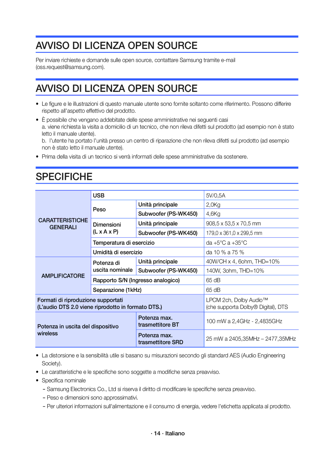 Samsung HW-K450/EN manual Avviso DI Licenza Open Source, Specifiche, Generali, Amplificatore 