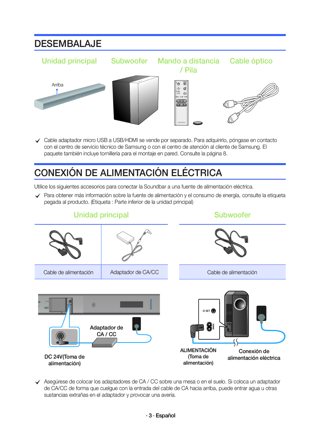 Samsung HW-K450/EN manual Desembalaje, Conexión DE Alimentación Eléctrica, Unidad principal Subwoofer, Ca / Cc 